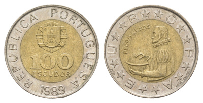 Португалия 100 эскудо 1989 Педру Нуниш (1502-1578), математик KM 645 биметалл 4566-243