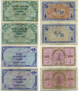 ФРГ набор из 6 банкнот 1948 1/2 марки, 1/2 марки с надпечаткой В, 1 марка, 1 марка с перфорацией В, 2 марки, 5 марок Pick 1a, 1b, 2a, 2c, 3a, 4a бумага 2192-46-2