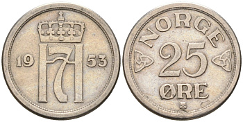 Норвегия 25 эре 1953 Хокон VII (1905-1957) KM 401 медно-никель 4580-1023