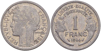 ФРАНЦИЯ 1 ФРАНК 1944 ТИП MORLON, LEGERE KM 885a.1, LE FRANC 221.3 алюминий 117-912