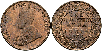 Британская Индия 1/4 анна 1936 Георг V (1910-1936) KM 512 бронза UNC 94-243