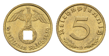 Германия 5 рейхспфеннигов 1939 D KM 91, J. 363 алюминиевая бронза aUNC 1518-715