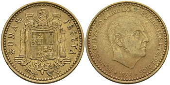 Испания 1 песета 1966 (72) Франсиско Франко (1939-1975) KM 796 алюминиевая бронза 3336-1255