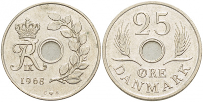 Дания 25 эре 1968 С;S, Фредерик IX (1947-1972) KM 855.1 медно-никель UNC 3851-933