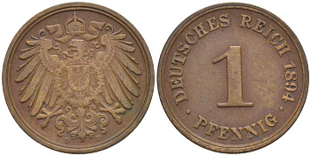 ГЕРМАНИЯ 1 ПФЕННИГ 1894 D KM 10, J. 10, Weege 2 медь 211-165