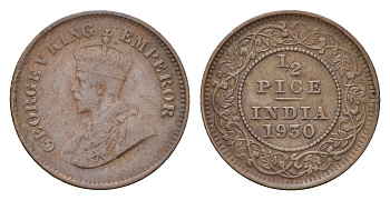 Британская Индия 1/2 пайса 1930 Георг V (1910-1936) KM 510 бронза 4189-814