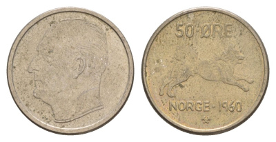 Норвегия 50 эре 1960 Улаф V (1957-1991) KM 408 медно-никель aUNC 4635-425