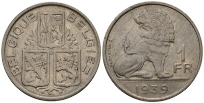 Бельгия 1 франк 1939 Belgique - Belgie KM 119 никель 4603-1233
