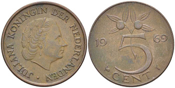 Нидерланды 5 центов 1969 Юлиана (1948-1980) KM 181 бронза 213-1053