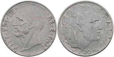 ИТАЛИЯ 20 ЧЕНТЕЗИМО 1939 R, ВИКТОР ИМАНУИЛ, XVII ГОД, НЕ МАГНИТНАЯ KM 75d нержавеющая сталь 98-131