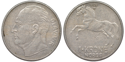 Норвегия 1 крона 1971 лошадь KM 409 медно-никель 25-2142