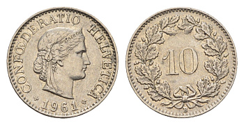 Швейцария 10 раппенов 1961 KM 27 медно-никель 4685-248