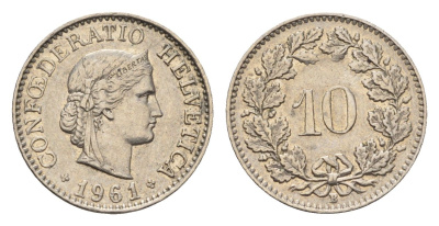 Швейцария 10 раппенов 1961 KM 27 медно-никель 4685-248