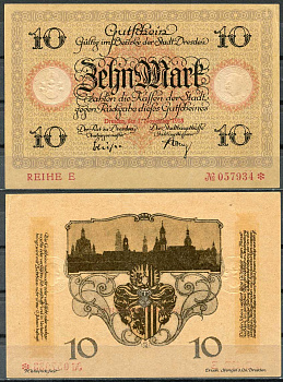 Германия, Дрезден 10 марок 1918 нотгельд, 1.11.1918, reihe E Geiger 108.04  бумага  UNC (пресс) 444-79-1-1