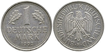 ФРГ 1 МАРКА 1992 F KM 110 медно-никель 47-745