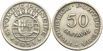 Португальское Сан-Томе и Принсипи 50 сентаво 1951 год тип KM 10 медно-никель 00-00-00