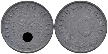 ГЕРМАНИЯ 10 РЕЙХСПФЕННИГОВ 1941 А KM 101, J. 371 цинк 4401-726