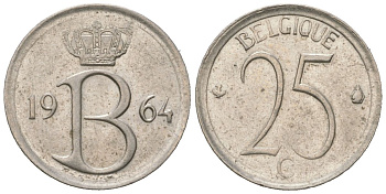 Бельгия 25 сантимов 1964 Belgique, Бодуэн I (1951-1993) KM 153.1 медно-никель UNC 4617-1134
