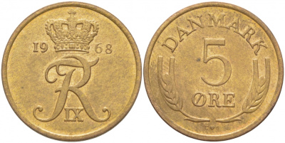 ДАНИЯ 5 ЭРЕ 1968 C; S, ФРЕДЕРИК IX (1947-1972) KM 848.1 бронза 87-1421