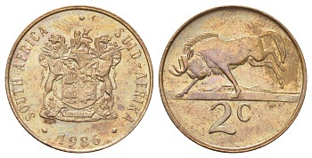 ЮАР 2 цента 1986 герб, антилопа гну KM 83 бронза UNC 4695-1052