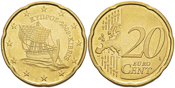 КИПР 20 ЕВРОЦЕНТОВ 2009 ПАРУСНИК KM 82 латунь UNC 28-825