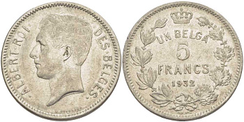 БЕЛЬГИЯ 5 ФРАНКОВ 1932 АЛЬБЕРТ I, DES BELGES KM 97.1 никель 3851-224