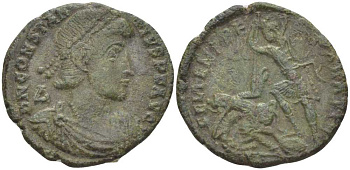 Римская Империя майорина 352 - 354 Констанций II, D N CONSTANTIVS P F AVG, слева от бюста дельта / император, поражающий персидского всадника, FEL TEMP REPARATIO, Сирмий (?) RIC 35 биллон 1073-17-91