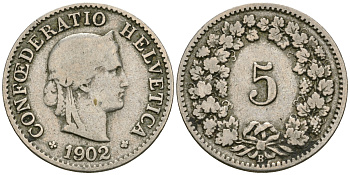Швейцария 5 раппенов 1902 KM 26 медно-никель 4608-1016