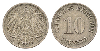 Германия 10 пфеннигов 1911 A, Вильгельм II (1888-1918) KM 12, J. 13 медно-никель 4640-318