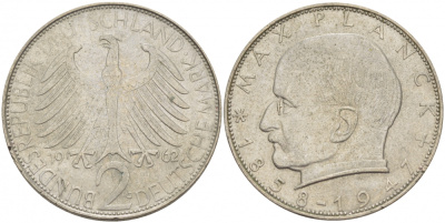 ФРГ 2 марки 1962 G , Макс Планк KM 116, J. 392 медно-никель плакированный никелем 110-314