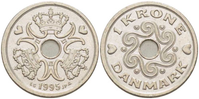 Дания 1 крона 1995 LG; JP; A, Маргрете II (1972- ) KM 873.1 медно-никель 67-615