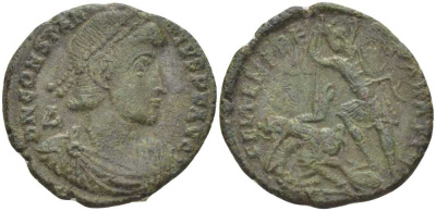 Римская Империя майорина 352 - 354 Констанций II, D N CONSTANTIVS P F AVG, слева от бюста дельта / император, поражающий персидского всадника, FEL TEMP REPARATIO, Сирмий (?) RIC 35 биллон 1073-17-91