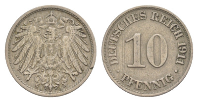 Германия 10 пфеннигов 1911 A, Вильгельм II (1888-1918) KM 12, J. 13 медно-никель 4640-318