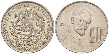 Мексика 20 сентаво 1982 Франциско Индалеси KM 442 медно-никель 4541-545
