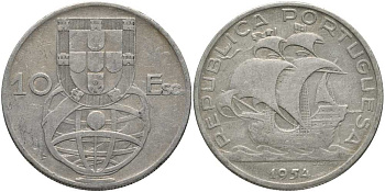Португалия 10 эскудо 1954  KM 586 серебро 180-624