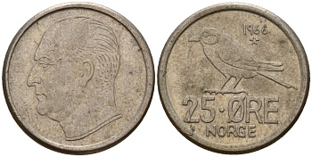 Норвегия 25 эре 1966 Улаф V (1958-1991), синица KM 407 медно-никель 4154-813