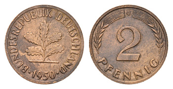 ФРГ 2 пфеннига 1950 G KM 106, J.381 сталь плакированная медью 4674-1042