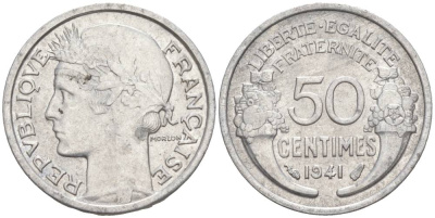ФРАНЦИЯ 50 САНТИМОВ 1941 ТИП MORLON LOURDE KM 894.1a, LE FRANC 193.2 алюминий 44-161