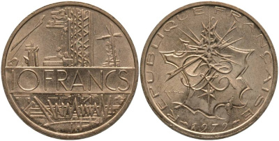 Франция 10 франков 1979 тип Матье KM 940, Le Franc 365.13-14 никель латунь 181-444