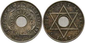 Британская Западная Африка 1/2 пенни 1947 H, Георг VI KM 18 медно-никель 25-1033