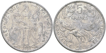 Французская Новая Каледония 5 франков 2003 птица кагу, (IEOM) KM 16, Schoen 12, Lec 81h алюминий 189-631