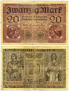 ГЕРМАНИЯ 20 МАРОК 1918 20 ФЕВРАЛЯ 1918. БЕРЛИН, МИНЕРВА И МЕРКУРИЙ Pick 57 бумага 8612-39-2-2