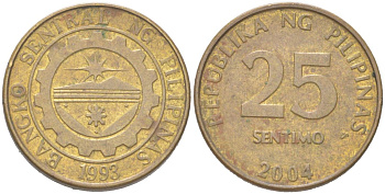 Филиппины 25 сентимо 2004 KM 271a сталь плакированная латунью 4614-531