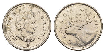 Канада 25 центов 2011 Leaf, Елизавета II (1952-2022), олень KM 493 сталь плакированная никелем UNC 4637-846