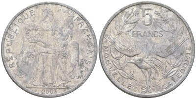 Французская Новая Каледония 5 франков 2003 птица кагу, (IEOM) KM 16, Schoen 12, Lec 81h алюминий 189-631