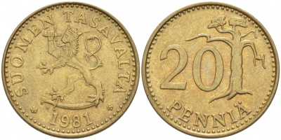 ФИНЛЯНДИЯ 20 ПЕННИ 1981 K KM 47 алюминиевая бронза 3718-515