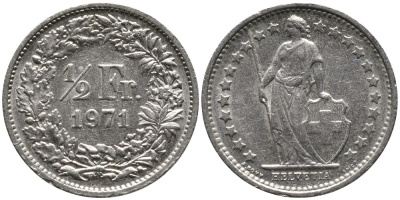 Швейцария 1/2 франка 1971 KM 23а.1 медно-никель 4528-558