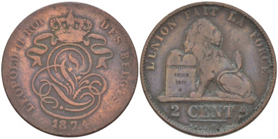 БЕЛЬГИЯ 2 САНТИМА 1874 BELGES KM 35.1 медь 261-1054