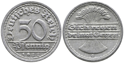 ГЕРМАНИЯ 50 ПФЕННИГОВ 1922 G KM 27, J. 301 алюминий 24-1051