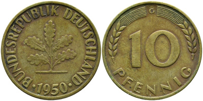 ФРГ 10 ПФЕННИГОВ 1950 G KM 108, J.383 сталь плакированная латунью 98-355
